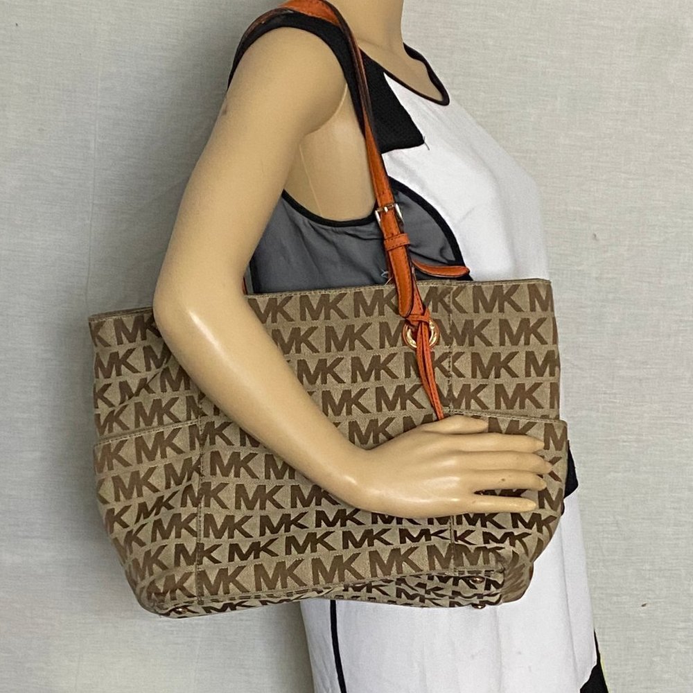 Michael Kors L Tan Orange Jacquard Fabric Tote - Picture 8 of 12